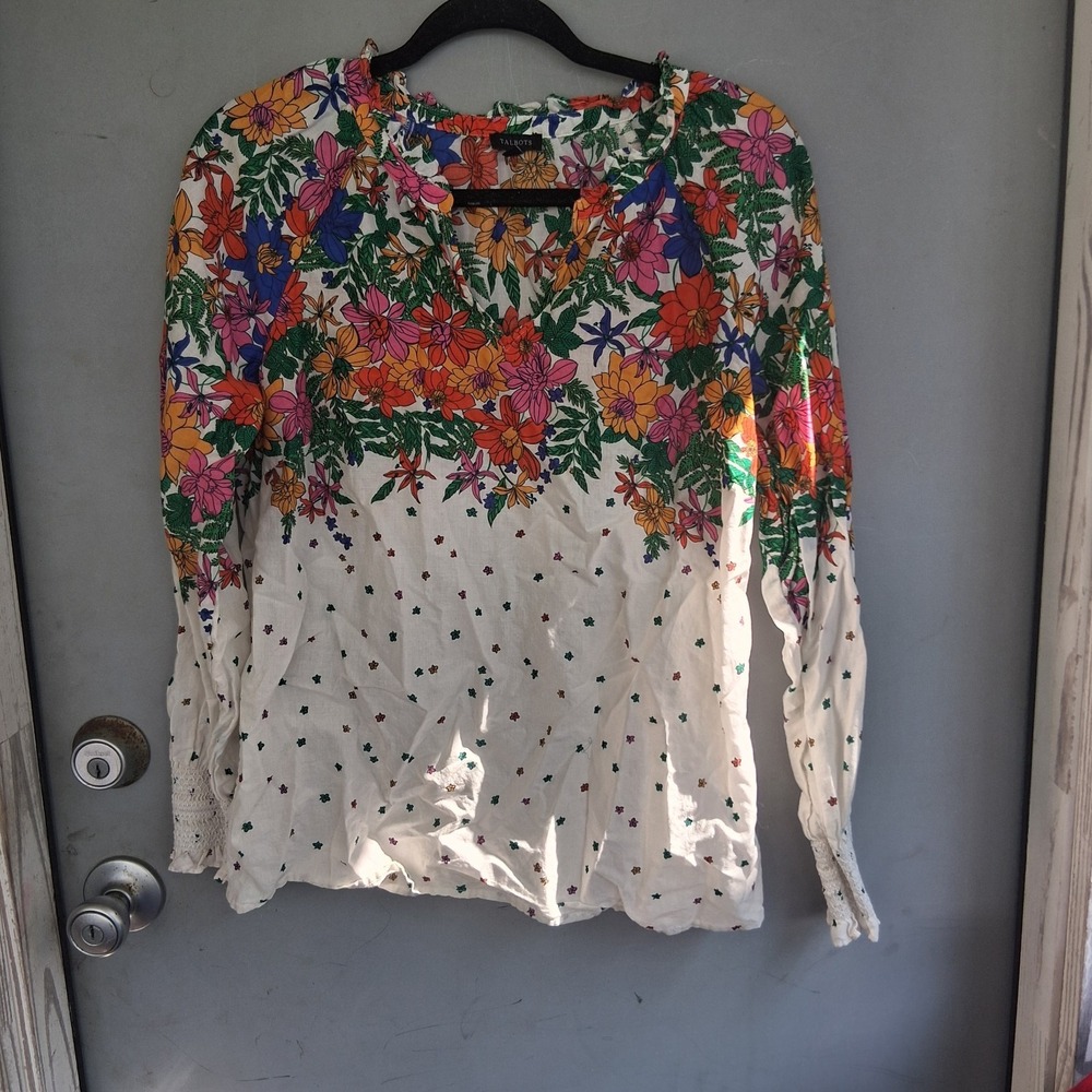 Talbots Blissful Floral Smocked Cuff Blouse Colorful Cottagecore $99 EUC